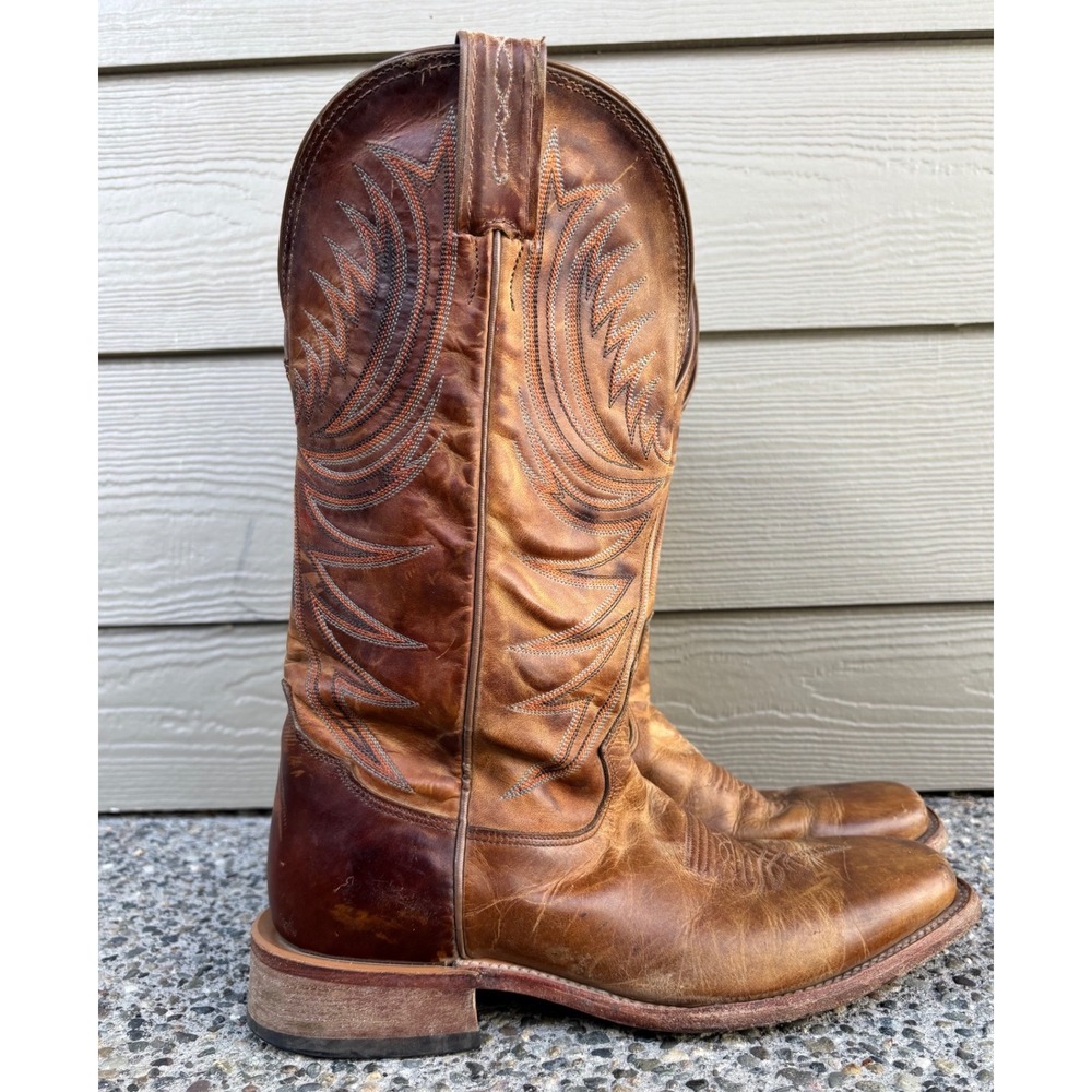 Men's Tony Lama Tan Leather Square Toe Western Cowboy Boots Brown Stitched 8D